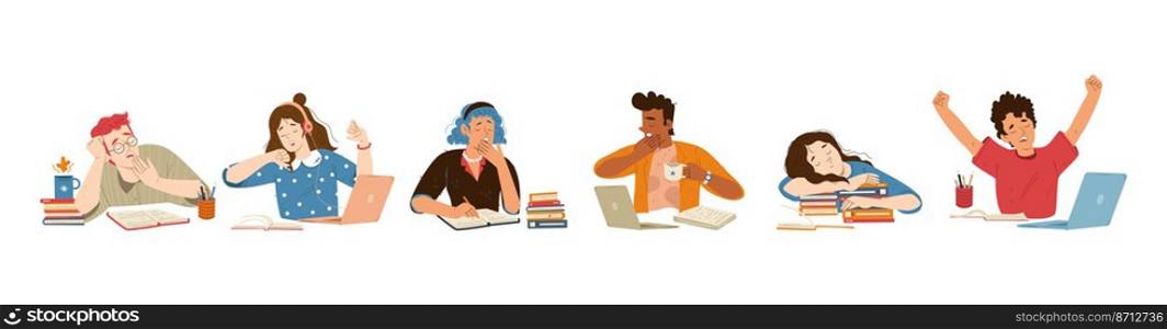 Tired sleepy students yawn at desk with books and laptop. Vector flat illustration of lazy or bored young people, teenagers feel tiredness doing school homework, girl sleep on books stack. Tired sleepy students yawn at desk