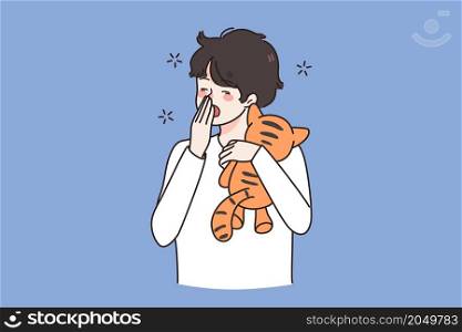 Tired small boy child with toy yawn feel fatigue want sleep. Exhausted small teen kid with teddy bear ready for bed in evening. Drowsiness and exhaustion. Childcare concept. Flat vector illustration. . Tired boy yawn feel fatigue in evening