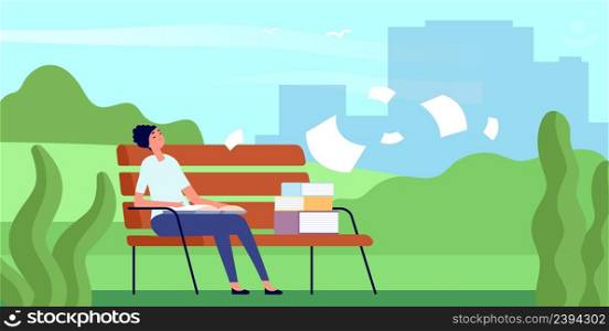 Tired student with book sleep on bench in city park. Flying paper sheets, books and dreaming reading girl. Summer outdoor time vector scene. Sudent tired from education illustration. Tired student with book sleep on bench in city park. Flying paper sheets, books and dreaming reading girl. Summer outdoor time vector scene