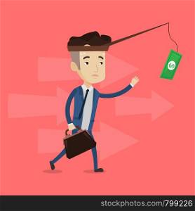 Tired sweaty businessman trying to catch money on fishing rod. Businessman running for money hanging on fishing rod. Concept of financial motivation. Vector flat design illustration. Square layout.. Businessman trying to catch money on fishing rod.