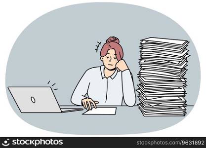Tired unmotivated businesswoman sit at desk with pile of paperwork. Exhausted female employee overwhelmed with paper documents. Job burnout. Vector illustration.. Tired businesswoman with pile of paperwork