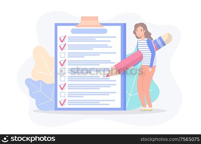 Tired woman holding big pencil and drawing check marks near completed items vector. Paper with plan of targets with person, strategy and progress vector. Check list with tick mark. Tired Woman with Pencil Drawing Check Marks Vector