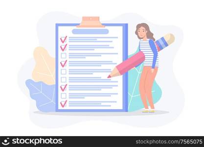 Tired woman holding big pencil and drawing check marks near completed items vector. Paper with plan of targets with person, strategy and progress vector. Check list with tick mark. Tired Woman with Pencil Drawing Check Marks Vector