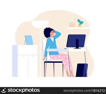 Tired woman. Home office, freelance working with computer. Girl has headache, burnout or deadline time vector concept. Illustration woman at computer, freelance person exhausted. Tired woman. Home office, freelance working with computer. Girl has headache, burnout or deadline time vector concept