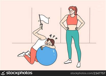 Tired woman rest lying on fitness ball after workout with personal trainer in sports club. Exhausted girl show white flag feel fatigue and weakness at sport training in gym. Sporty lifestyle. . Exhausted woman lying on ball at training in gym