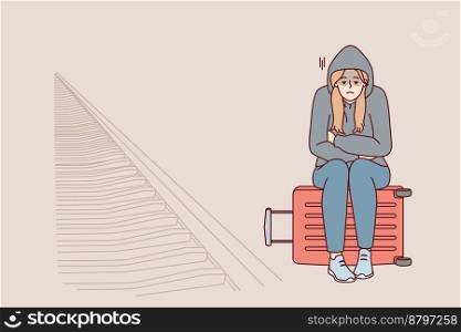 Tired woman sits on suitcase near railway waiting for train and is sad because of lack of money for ticket. Unhappy girl in hood missed train freezes at station alone. Flat vector illustration. Tired woman sits on suitcase near railway waiting for train and freezes at station. Vector image