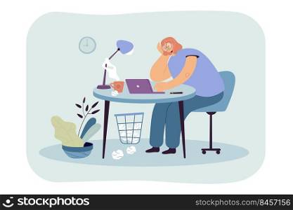Tired woman sitting at table on work flat vector illustration. Cartoon exhausted female character working on laptop computer. Professional burnout syndrome and overload concept