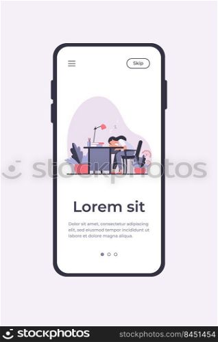 Tired woman sleeping during work at table. Desk, exhaustion, employee flat vector illustration. Workplace and occupation concept for banner, website design or landing web page