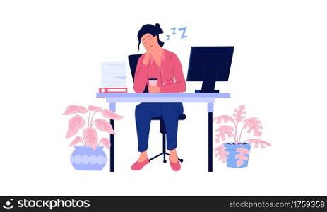 Tired woman. Stressed and burn out worker sleeps sitting at table. Cartoon overwhelmed office employee dozing. Asleep female character procrastinating in workplace. Vector napping overworked person. Tired woman. Stressed and burn out worker sleeps sitting at table. Overwhelmed office employee. Asleep female character procrastinating in workplace. Vector napping overworked person