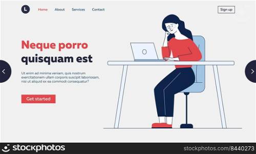 Tired woman using laptop at desk. Professional or expert consulting online flat vector illustration. Communication, workplace concept for banner, website design or landing web page