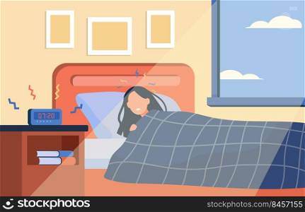 Tired woman waking up when alarm clock ringing. Morning, bed, sleep flat vector illustration. Insomnia and digital technology concept for banner, website design or landing web page