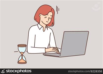 Tired woman with laptop works in office sitting near hourglass symbolizing tough deadlines. Tired businesswoman experiencing mood problems due to overwork and overload associated with strict deadlines. Tired woman with laptop works in office sitting near hourglass symbolizing tough deadlines