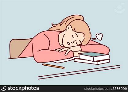 Tired young female student fall asleep on desk distressed with studying. Exhausted girl sleep on table suffer from exhaustion and fatigue learning. Vector illustration. . Exhausted student sleep on desk overwhelmed with studying 