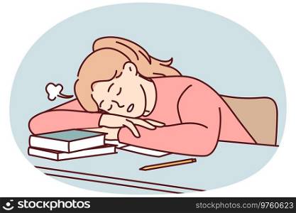 Tired young female student fall asleep on desk distressed with studying. Exhausted girl sleep on table suffer from exhaustion and fatigue learning. Vector illustration.. Exhausted student sleep on desk overwhelmed with studying