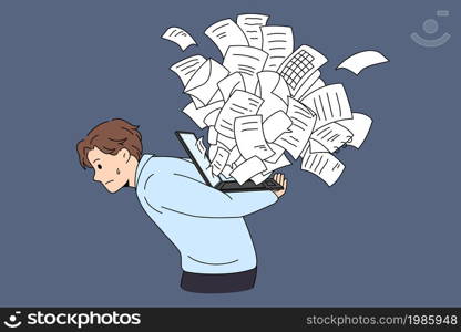 Tired young man carry laptop overwhelmed with online notification. Exhausted male frustrated with mail spam or scam on internet on computer. Social media. Technology. Flat vector illustration. . Tired man carry laptop overwhelmed with spam notification