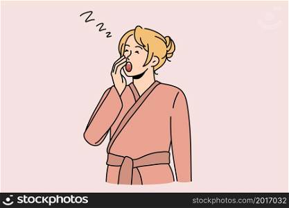 Tired young woman in bathrobe yawn suffer from insomnia have sleep deprivation. Exhausted girl struggle with fatigue, need relaxation or nap. Healthcare, relax and rest concept. Vector illustration. . Tired woman yawn suffer from sleep deprivation