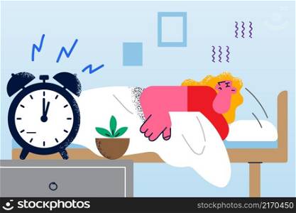 Tired young woman lying in bed feel tied to pillow unable wake up in morning with alarm clock ring. Exhausted lazy girl sleep in bedroom suffer from fatigue. Flat vector illustration. . Exhausted woman sleep in bed unable wakeup