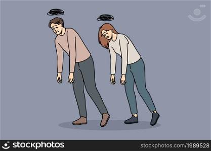 Tiredness and common exhaustion concept. Young man and woman walking with hands down feeling tired zombie vector illustration . Tiredness and common exhaustion concept.