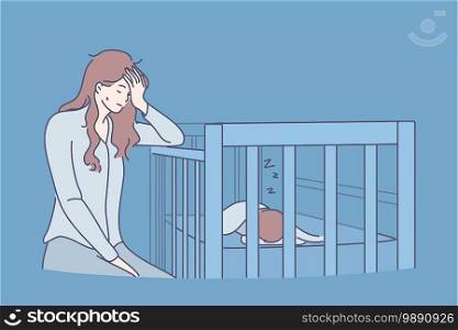 Tiredness, exhaustion, sleep lack concept. Young tired woman mother cartoon character sitting near child bed and trying to nap or sleep touching face vector illustration . Tiredness, exhaustion, sleep lack concept