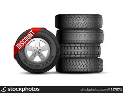 Tires discount. Isolated realistic rubber car wheels. Auto service and repair. Tire with sale ribbon vector illustration. Car tyre promo, rubber store for transport. Tires discount. Isolated realistic rubber car wheels. Auto service and repair. Tire with sale ribbon vector illustration