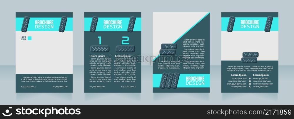 Tires distribution blank brochure design. Template set with copy space for text. Premade corporate reports collection. Editable 4 paper pages. Bebas Neue, Lucida Console, Roboto Light fonts used. Tires distribution blank brochure design