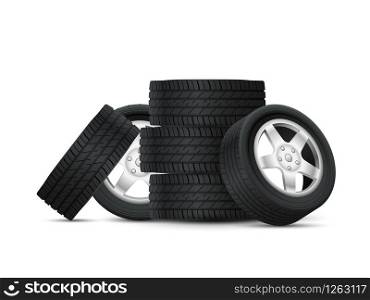 Tires heap. Complete set car tires with alloy rims, bunch new stacked auto wheels, automobile industry, realistic protector composition vector concept. Tires heap. Complete set car tires with alloy rims, bunch new stacked auto wheels, automobile industry, realistic composition vector concept