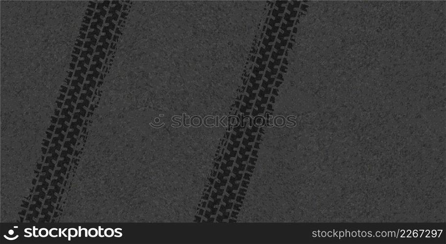 Tires tracks on asphalt background, offroad grunge tyre prints, abstract automobile wheels black pattern. Rally, motocross straight dirty traces, off road trails texture, Realistic vector illustration. Tires tracks on asphalt background, offroad prints