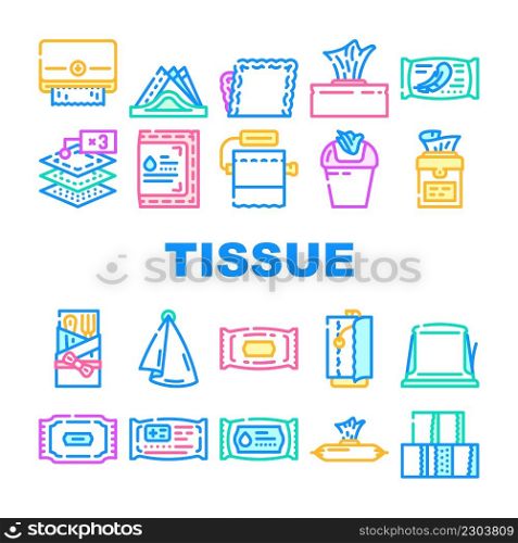 Tissue Paper And Napkin Package Icons Set Vector. Towel Dispenser And Container, Hygienic Accessory Packaging And Box Line, Tissue For Cutlery And Medical Wipes. Color Illustrations. Tissue Paper And Napkin Package Icons Set Vector