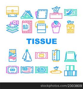 Tissue Paper And Napkin Package Icons Set Vector. Towel Dispenser And Container, Hygienic Accessory Packaging And Box Line, Tissue For Cutlery And Medical Wipes. Color Illustrations. Tissue Paper And Napkin Package Icons Set Vector
