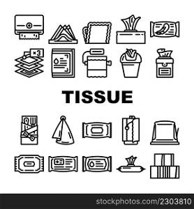 Tissue Paper And Napkin Package Icons Set Vector. Towel Dispenser And Container, Hygienic Accessory Packaging And Box Line, Tissue For Cutlery And Medical Wipes. Black Contour Illustrations. Tissue Paper And Napkin Package Icons Set Vector