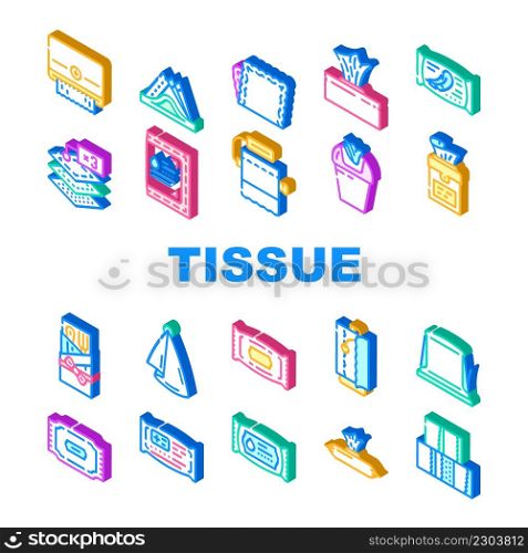 Tissue Paper And Napkin Package Icons Set Vector. Towel Dispenser And Container, Hygienic Accessory Packaging And Box Line, Tissue For Cutlery And Medical Wipes. Isometric Sign Color Illustrations. Tissue Paper And Napkin Package Icons Set Vector