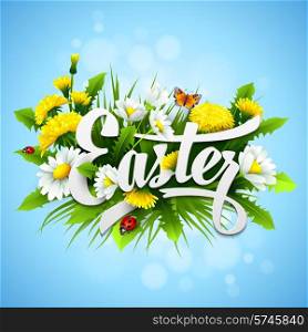 Title Easter with spring flowers. Vector illustration EPS10