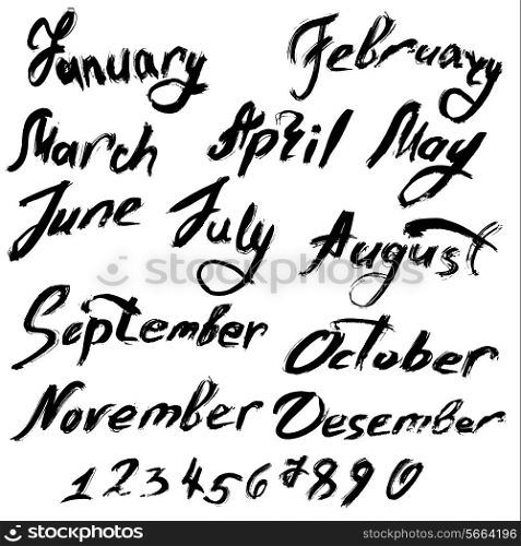 Title of months of the year. Numbers from 0 to 9 - handwritten text in grunge style.