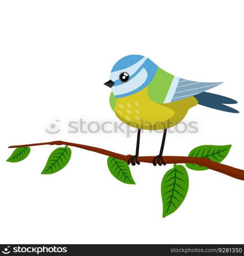 Titmouse on a tree branch. Green tree and bird. Cute forest animal. Element of spring forest landscape. Cartoon flat illustration. Titmouse on a tree branch.
