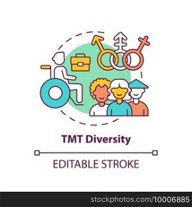 Tmt diversity concept icon. Top management team analysis criteria. People with various racial backgrounds. Job idea thin line illustration. Vector isolated outline RGB color drawing. Editable stroke. Tmt diversity concept icon