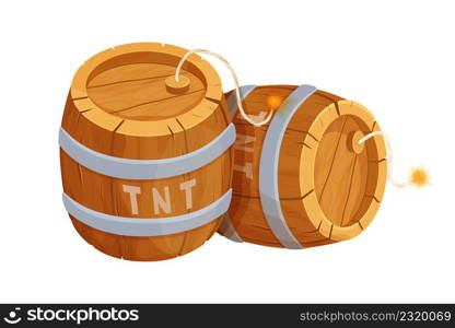 TNT wooden barrel with detonator in comic cartoon style isolated on white background. Explosive weapon, bomb. Ui game asset. . Vector illustration
