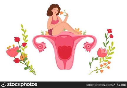 To be a woman. Menstruation period, cartoon female sitting with flowers on uterus. Love yourself, girl health vector concept. Woman menstruation period, health girl illustration. To be a woman. Menstruation period, cartoon female sitting with flowers on uterus. Love yourself, girl health vector concept