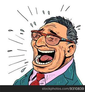 To bring joy to people through a service or product. The person is in a good mood. Business man in glasses laughs heartily. Comic cartoon pop art retro vector illustration hand drawing. On a white background. To bring joy to people through a service or product. The person is in a good mood. Business man in glasses laughs heartily.