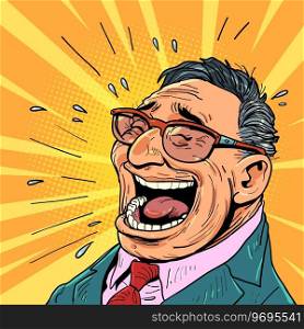 To bring joy to people through a service or product. The person is in a good mood. Business man in glasses laughs heartily. Comic cartoon pop art retro vector illustration hand drawing. To bring joy to people through a service or product. The person is in a good mood. Business man in glasses laughs heartily.