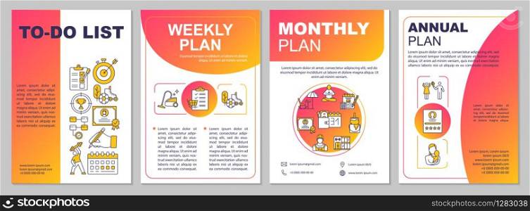 To do list brochure template. Weekly and monthly planning. Flyer, booklet, leaflet print, cover design with linear icons. Vector layouts for magazines, annual reports, advertising posters