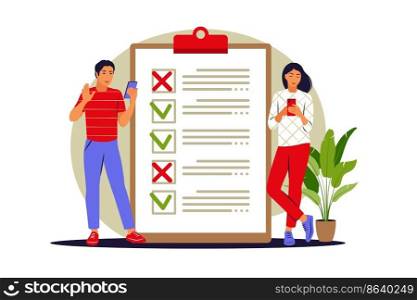 To do list concept. People checking completed tasks and prioritizing tasks in to do list. Vector illustration. Flat.