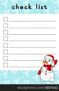 To do list for kids. Empty template. Check list. The rectangular shape. Isolated color vector illustration. Funny character. Cartoon style. For the diary, notebook, bookmark.