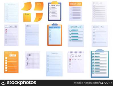 To-do list icons set. Cartoon set of to-do list vector icons for web design. To-do list icons set, cartoon style
