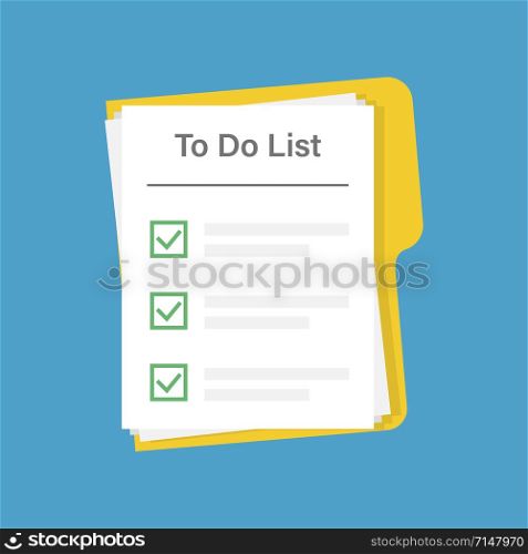 To do list on document on blue background. Planing icon concept. All tasks are completed. Paper sheets with check marks and abstract text. EPS 10