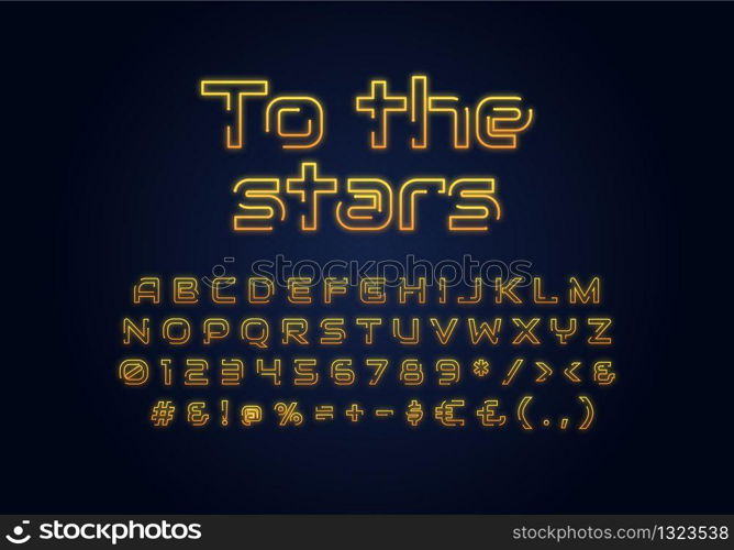 To the stars neon light font template. Yellow illuminated vector alphabet set. Bright capital letters, numbers and symbols with outer glowing effect. Nightlife typography. Cosmic typeface design