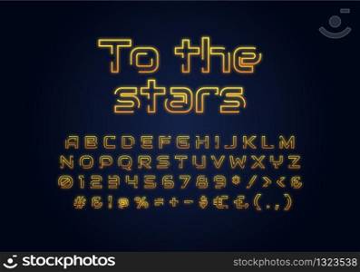 To the stars neon light font template. Yellow illuminated vector alphabet set. Bright capital letters, numbers and symbols with outer glowing effect. Nightlife typography. Cosmic typeface design