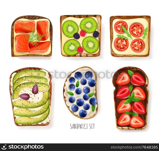 Toast bread toppings set with berries realistic isolated vector illustration