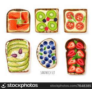 Toast bread toppings set with berries realistic isolated vector illustration