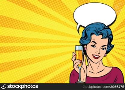 Toast girl party yellow retro background pop art retro vector. Celebration and party. Alcohol drink. Toast girl party yellow retro background