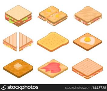 Toast icons set. Isometric set of toast vector icons for web design isolated on white background. Toast icons set, isometric style